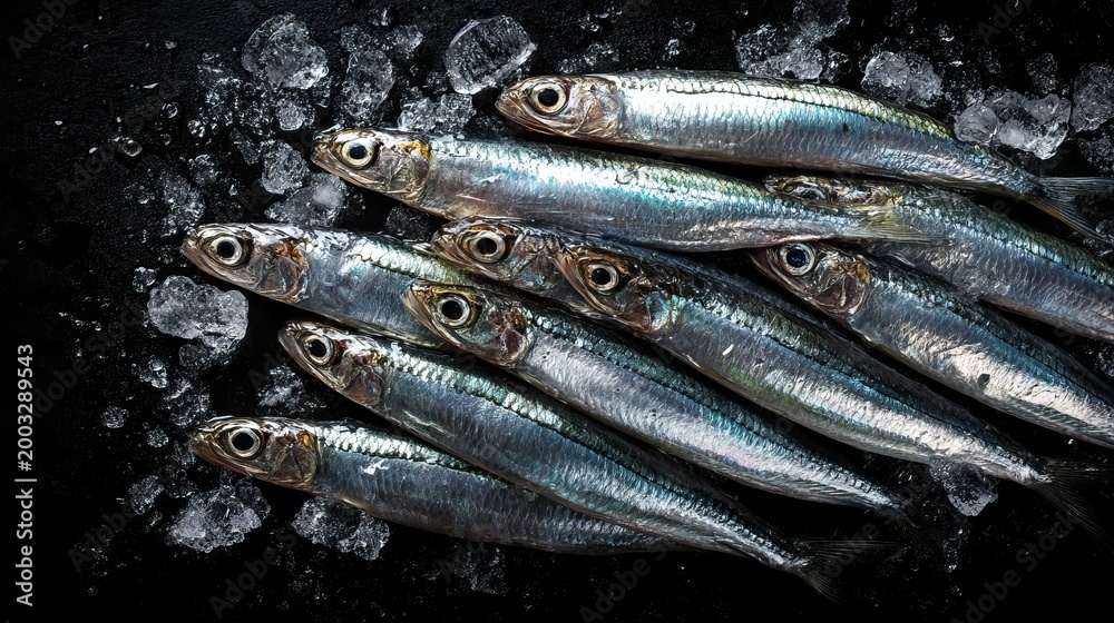 Fototapeta premium Fresh Raw Anchovies with Shimmering Silver Scales Displayed on Black Ice. AI generated image