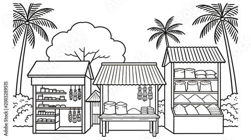Outdoor market stalls with assorted produce and goods for educational coloring book page.