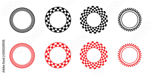 Circular Checkerboard Patterns – Checkered Rings, Radial Shapes Abstract Vector Set.eps10