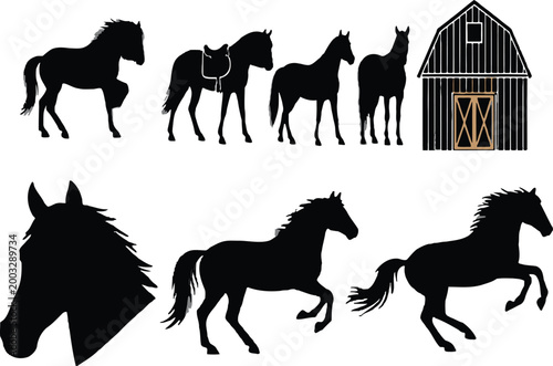 Horse silhouettes set farm animals with barn and running horses black vector illustration collection isolated