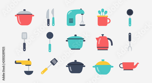 Colorful kitchen utensils and cookware