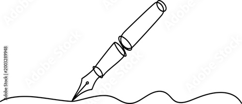 Continuous single line drawing of a fountain pen writing on paper