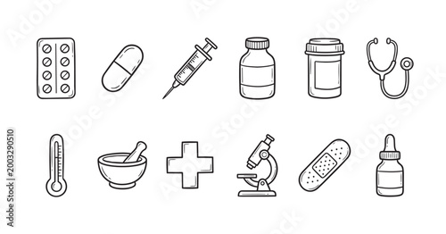 A clean black and white line art illustration features a collection of medical icons, including pills, a syringe, stethoscope, thermometer, microscope, and more, perfect for healthcare.