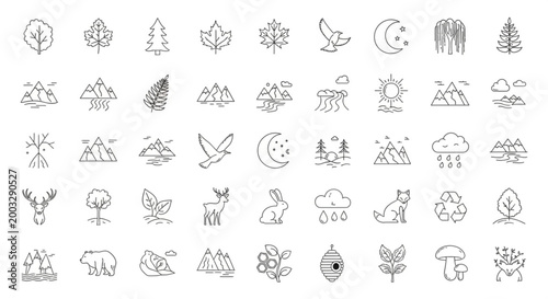 Various icons of animals, weather, plants, and landscapes are illustrated in a collection.