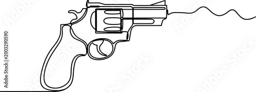 Continuous single line drawing of a revolver handgun pistol weapon