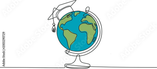 Continuous single line drawing of a world globe with a graduation cap on top representing international education and global study opportunities