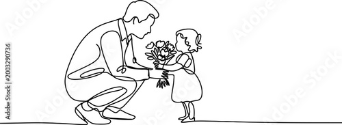 Father giving a bouquet of flowers to his little daughter as a continuous line art drawing of a loving parent and child sharing a happy family moment