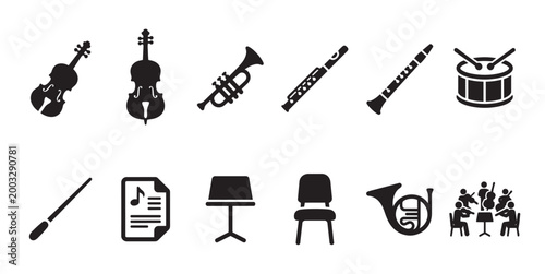 A collection of black silhouette icons representing various orchestral instruments and elements, arranged in two rows on a white background, suitable for music themes.