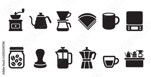 A collection of black icons representing various coffee making equipment, including grinders, kettles, pour-over sets, filters, mugs, and scales, perfect for cafe or home brewing themes.