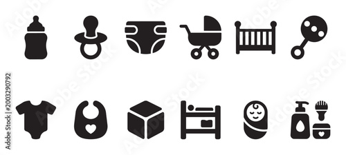 A collection of clean, black silhouette icons representing essential baby items, perfect for websites, apps, and design projects related to parenting and childcare.