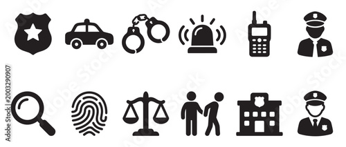A clean, minimalist graphic set featuring essential police and justice symbols in a modern flat style, perfect for legal and law enforcement themes.