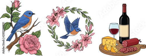 Birds with flowers wreath and wine cheese set romantic rustic composition with bluebirds roses and gourmet food vector illustration collection
