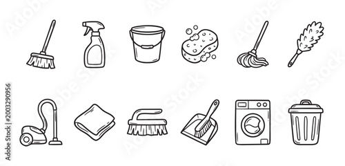 A charming collection of hand-drawn doodle icons representing various cleaning supplies and equipment, perfect for illustrating household chores and tidiness.