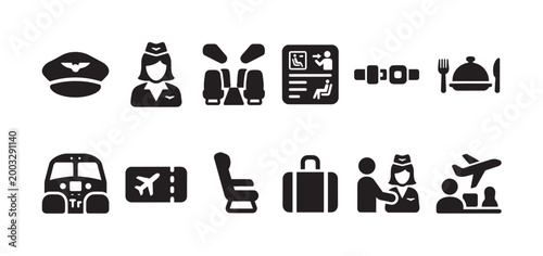 This collection of black and white icons represents various elements of air travel and aviation, including pilot, flight attendant, seats, ticket, and luggage.