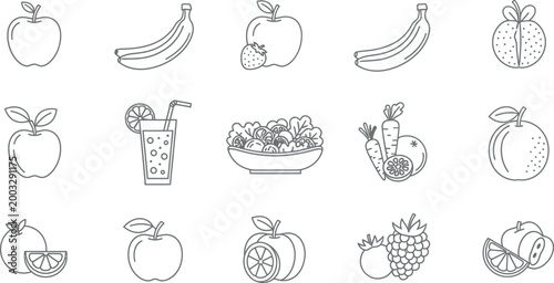 A collection of line art icons showcasing various fruits, vegetables, and a refreshing glass of juice representing healthy eating and organic produce.