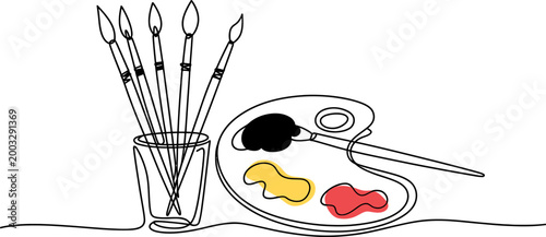Continuous single line drawing of paint brushes in a glass jar and an artist color palette with colorful paint blobs for creative art and painting hobby projects