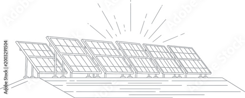 Obraz na płótnie Series of solar panels outlined against a pale blue background with radiating lines symbolizing sunlight captured by the renewable energy technology