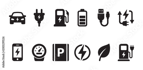 A collection of black flat icons representing electric vehicle charging, including a car, plug, gas station, battery, USB, gauge, parking sign, and leaf.