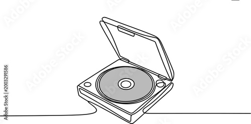Continuous single line drawing of an open disc case with a compact disc inside