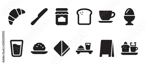 A collection of simple black icons representing breakfast items and dining elements, ideal for menus, recipes, or culinary concepts.