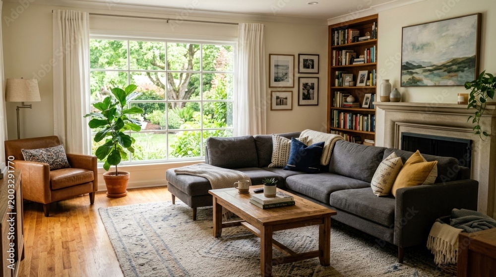 Fototapeta premium A cozy living room with a large window, a gray sectional sofa, a wooden coffee table, and a potted plant on the floor.