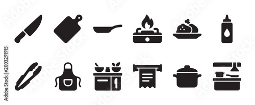 A collection of black and white icons representing various kitchen tools and food preparation elements, ideal for culinary websites or restaurant branding.