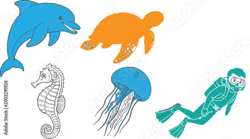 Marine life set dolphin turtle seahorse jellyfish and scuba diver underwater ocean animals vector illustration collection