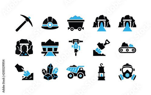 Collection of mining industry icons and equipment for resource extraction and safety