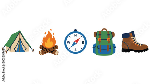 Set of colorful camping equipment icons including tent fire compass backpack and hiking.