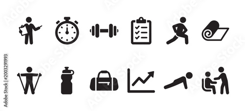 A collection of black silhouette icons representing various fitness and workout elements on a white background, ideal for sports and wellness concepts.