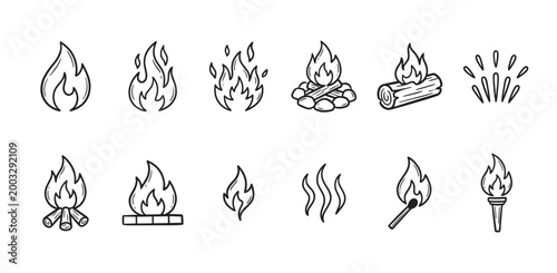 A set of twelve simple, hand-drawn black and white icons depicting various forms of fire, flames, and related objects.