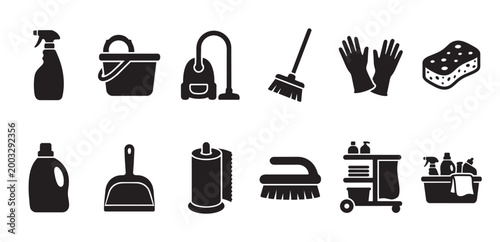 A collection of black and white icon style illustrations depicting various cleaning tools and supplies, ideal for web and print use.