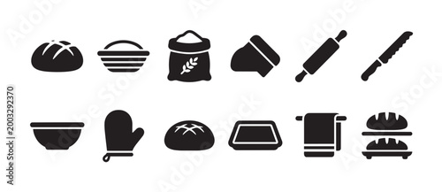 Collection of black flat icons on a white background representing baking and bread making elements, including loaves, flour, basket, and utensils.