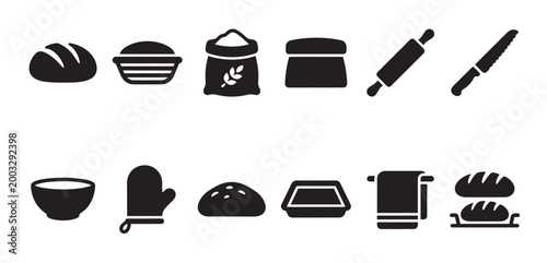 A collection of black vector icons depicts various baking elements including bread, flour, rolling pin, knife, bowl, oven mitt, and towel on a white background.