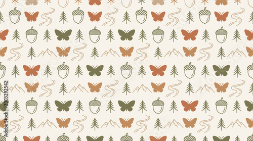 Bio-diversity elements and natural preservation symbols arranged in a sophisticated seamless repeating pattern for botanical