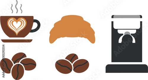 Delightful flat design illustration showcasing classic breakfast essentials like a steaming coffee cup with latte art, a flaky croissant, a modern espresso machine, and rich coffee beans.