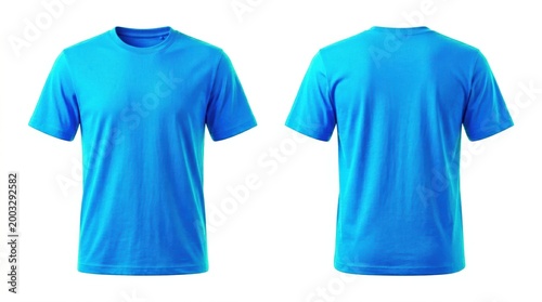 Structured neon blue t-shirts displayed in a symmetrical front and back arrangement against an isolated white environment for