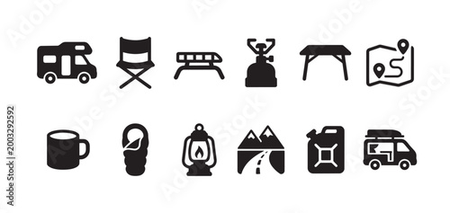 A collection of black vector icons representing various camping equipment, including a camper van, folding chair, stove, and map, useful for outdoor activity themes.