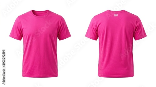 Neon pink cotton t-shirts featuring front and back views on a seamless white studio background for professional apparel mockups.