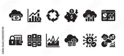 A collection of black and white vector icons representing finance, technology, and data analysis, ideal for web and app design.