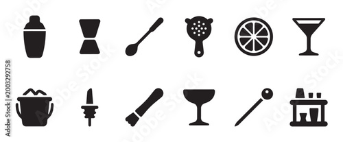 A collection of black silhouette icons representing various cocktail bar tools, including a shaker, jigger, strainer, and glass, ideal for design projects related to mixology and beverages.