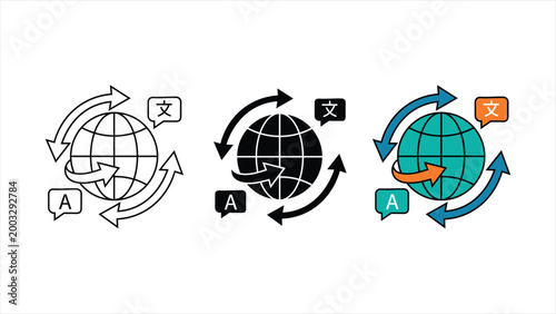 Language globes translate icon set with world map and speech bubble symbols in outline solid black and colorful design styles isolated on white background