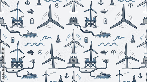 Offshore wind technology icons and marine renewable energy symbols arranged in a seamless repeating pattern for industrial use.