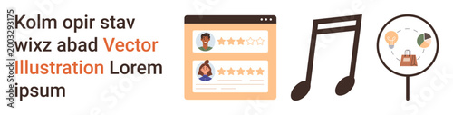 Customer feedback, music, e-commerce, online reviews, digital shopping, creativity. Browser window with ratings, musical note shopping search icon. Customer feedback and music