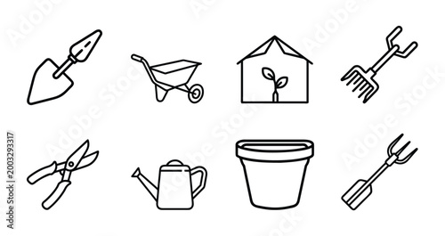 Gardening tools web line icons set agriculture farm equipment plant care & more vector illustration with editable stroke