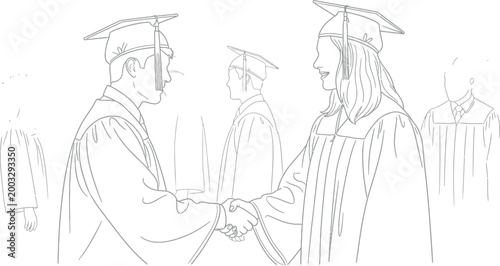 Two graduates wearing caps and gowns shake hands in front of other students, celebrating their academic achievement and graduation day success.