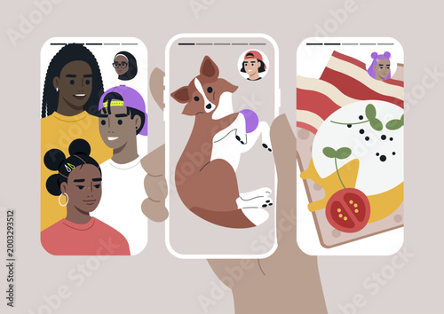 A fun phone story unfolds, showcasing friends smiling, a joyful pet lounging, and a mouthwatering dish, This lively scene blends friendship, pets, and culinary delights.