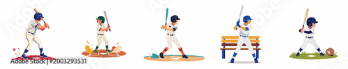 Foto Set of Flat Vector Illustrations Featuring Young Baseball Players in Different Batting Stances, Wearing Uniforms and Helmets, Isolated on White Background