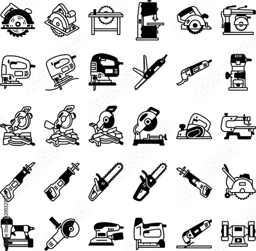 Schilderij op canvas Power saw and cutting tool icon set with various electric woodworking instrument