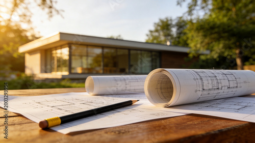 Detailed architectural blueprints and a black pencil rest on a wooden surface showing complex plans for a modern building construction project.